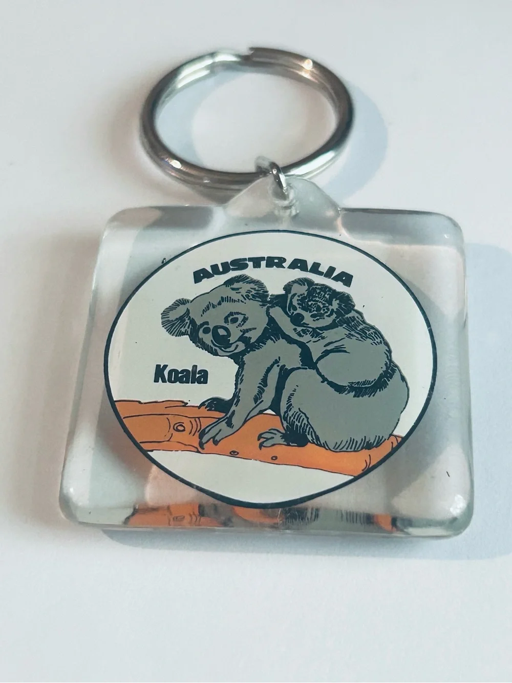 Australia Koala Keychain, Travel, Souvenir - Clear Acrylic with Grey & Orange